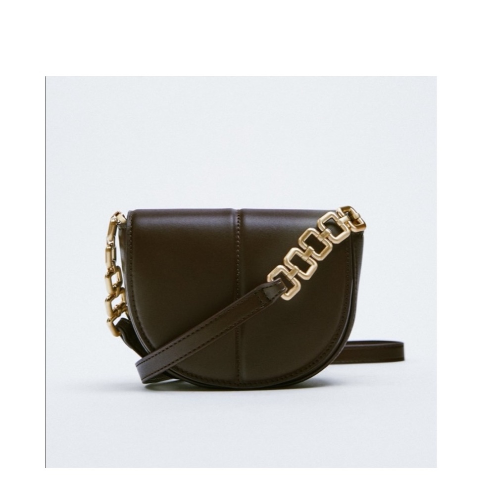 Zara 100% Leather Crossbody/Shoulder Bag W Gold Chain Hardware Black